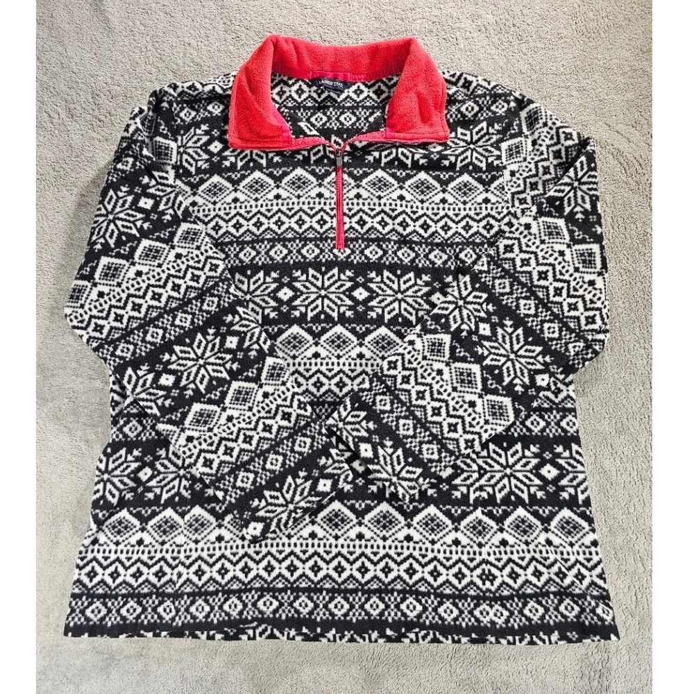 Lands End Womens Fleece Quarter Zip‎ Pullover Black White Fair Isle Snowflake L - Picture 5 of 10